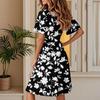 Женское повседневное модное платье с винтажным цветочным принтом и коротким рукавом и V-образным вырезом