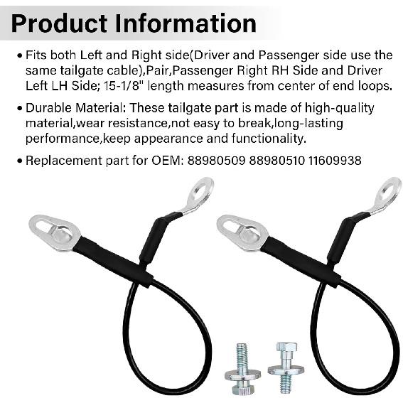 88980510 Tailgate Cable Strap with Bolt, Tailgate Parts, Fit for 1999-2007 Chevy Silverado Avalanche GMC Sierra 1500 2500 3500, Replace 88980509