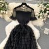 Nomikuma French Women Sweet Mesh Cake Dress Tie Up Waist Slimming Mid Length Elegant Long Cake Dresses 2024 Summer New Vestidos