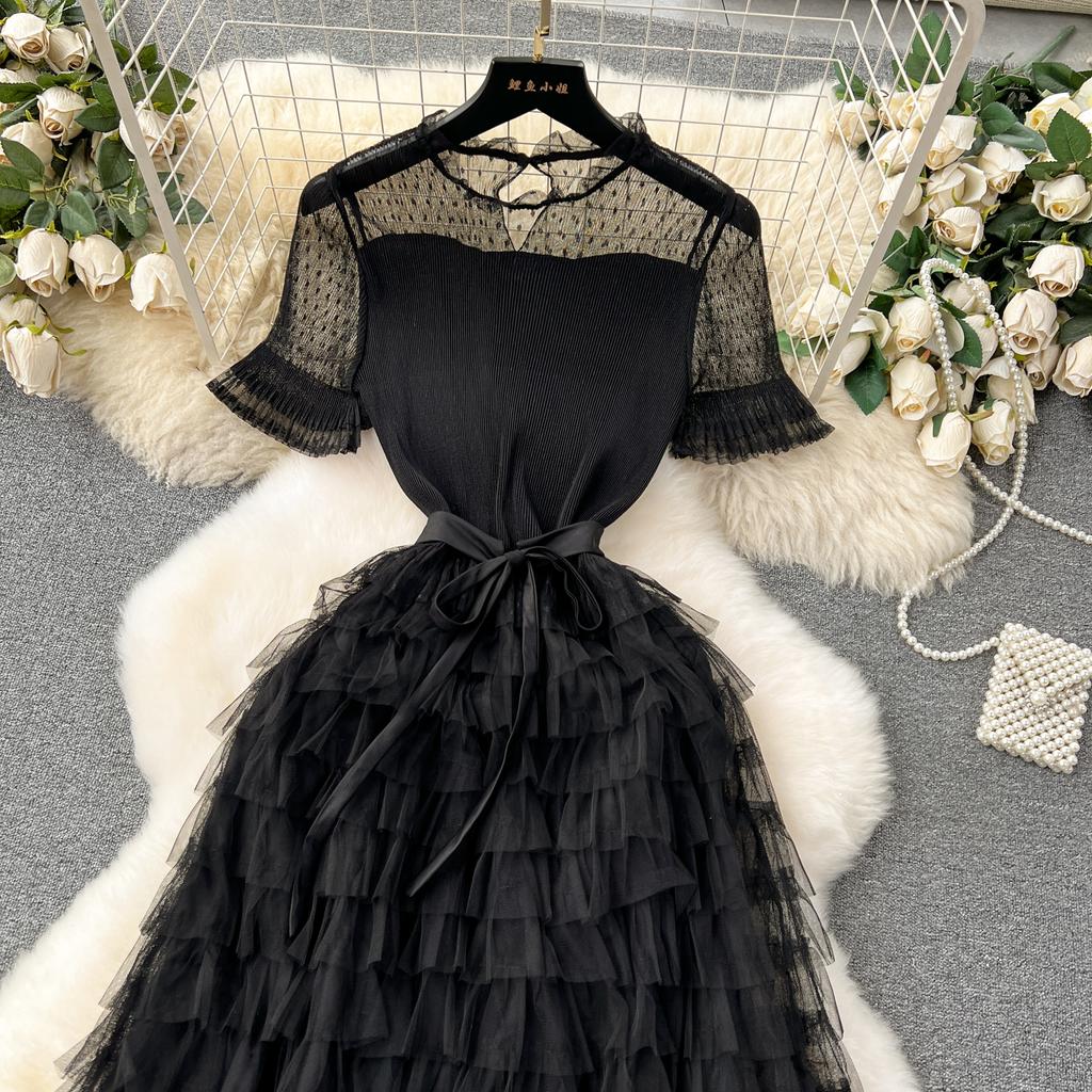 Nomikuma French Women Sweet Mesh Cake Dress Tie Up Waist Slimming Mid Length Elegant Long Cake Dresses 2024 Summer New Vestidos