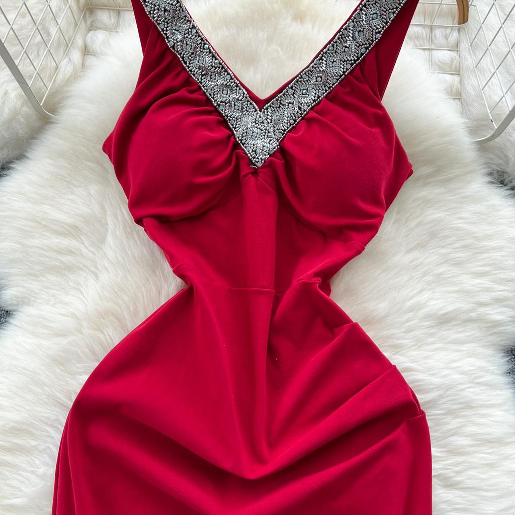 Летние женские V-образный вырез без рукавов бисерные однотонные вечерние платья-русалка с длинным миди-платьем