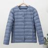 White Duck Down Lightweight Collarless Women's Jacket: Round Neck, Short Style, Plus Size, Loose Fit, Warm Coat for Autumn and Winter.