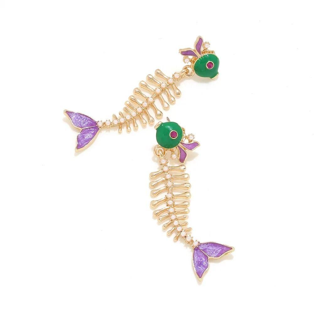 Creative Enamel Fishbone Dangle Earrings Fish Charm Metal Geometric Stud Earrings Alloy Retro Bohemian Dangle Earring Holiday