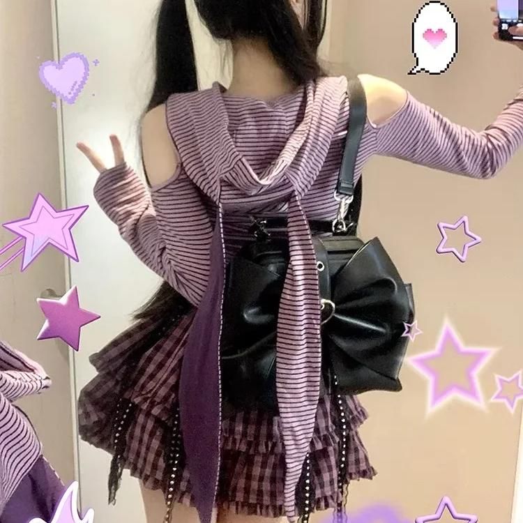 Y2k Rabbit Ears Graphic Crop T Shirts Women Harajuku Kawaii Striped Off Shoulder Hood Tops Aesthetic Goth Cute Lolita Tees