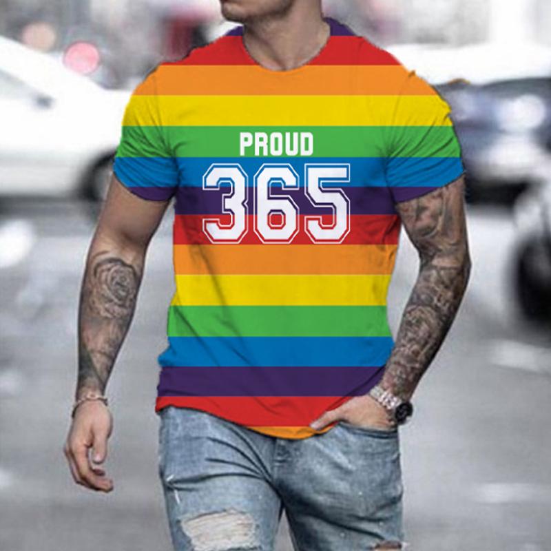 Футболка Круглый вырез Радужный принт Весело с коротким рукавом Персонализированная мода Хип-хоп