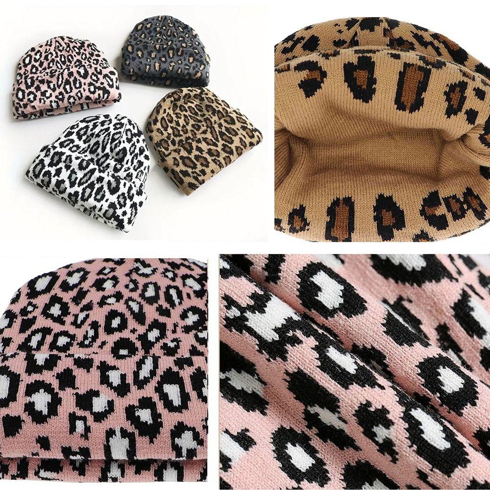 Jacquard Leopard Knitted Cap Soft Beanies Hat Y2K Fashion Thick Warm Hat  Unisex