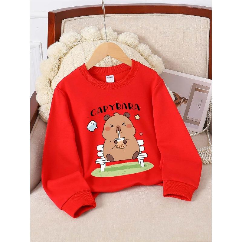 European sizes Crewneck Sweatshirt for Kids Featuring a Capybara Enjoying Bubble Tea While Sitting on a Bench. Perfect for Sports And Casual Outings