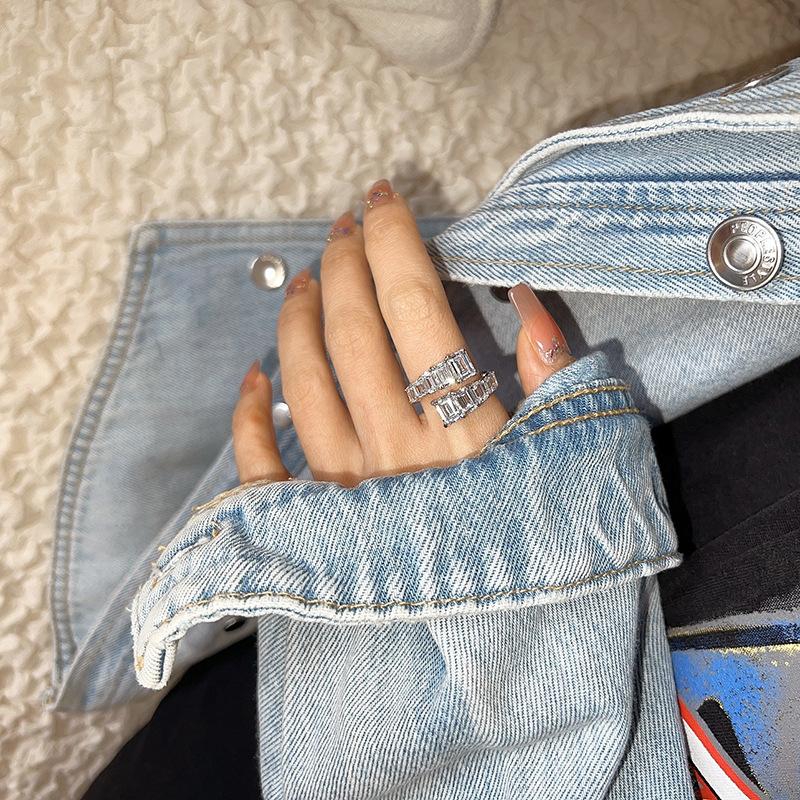 Zircon Ring Women's Simple Personality Square Row Ring Opening Adjustable Index Finger Ring Light Luxury Full Diamond Row Diamond Jewelry