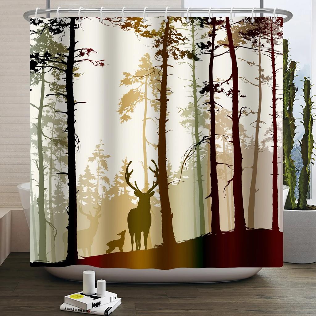 Autumn Forest Maple Shower Curtain Natural Jungle Leaves Pumpkin Fall Bathroom Shower Curtain Waterproof Shower Curtain Decor