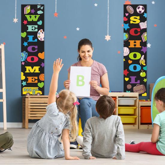 Приветствуем вас снова в школе. Украшение баннера «Первый день в школе». Фон для двери. Украшение школьного класса.