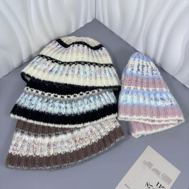 New Striped Autumn and Winter Warm Ear Protection Knitted Rabbit Fur Korean Version of Bucket Fisherman Hat