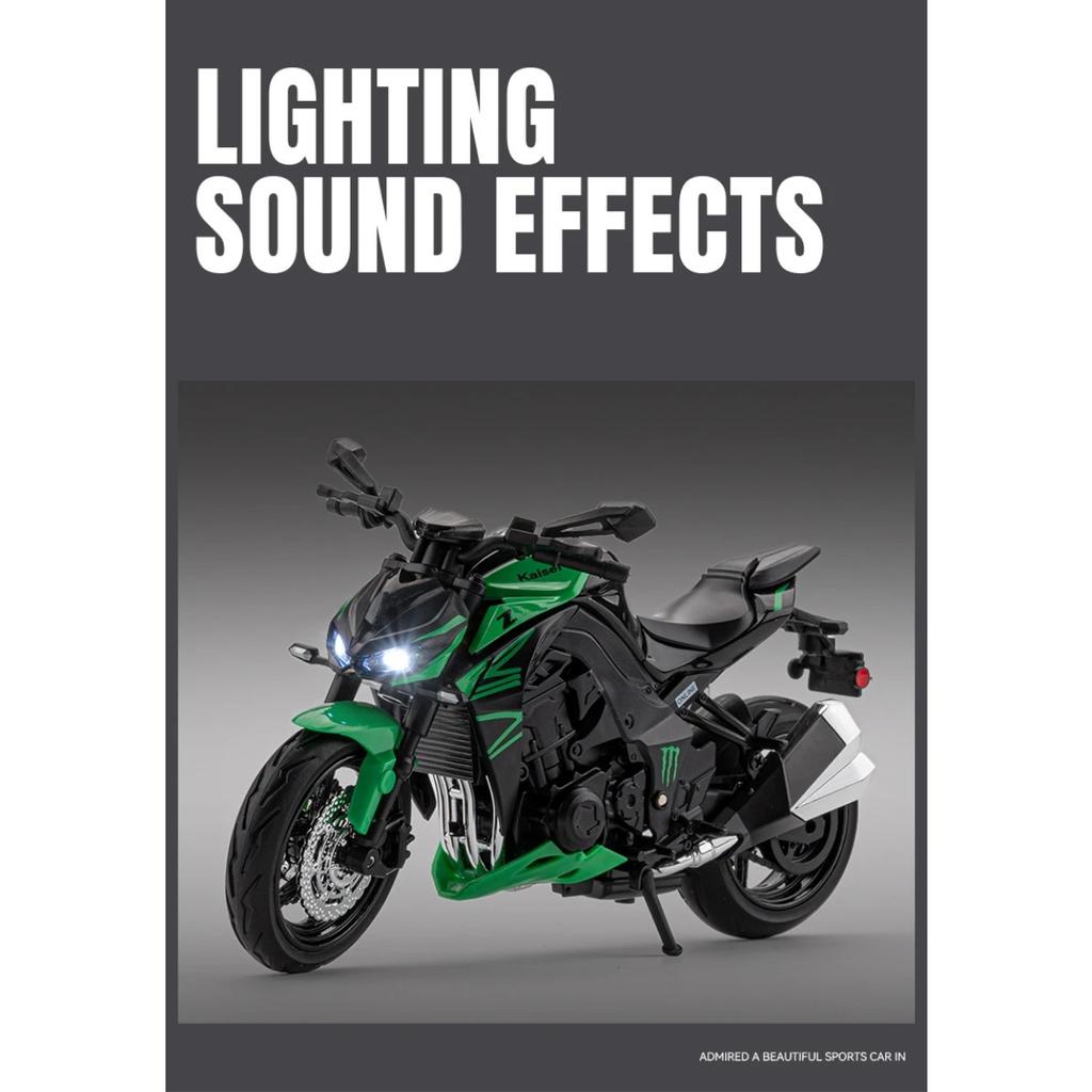 Масштаб 1/12 Игрушечный мотоцикл Kawasaki Z1000 Миниатюрная литая металлическая модель Суперспорт Звук и свет Коллекция Подарок для мальчика Ребенок Хобби