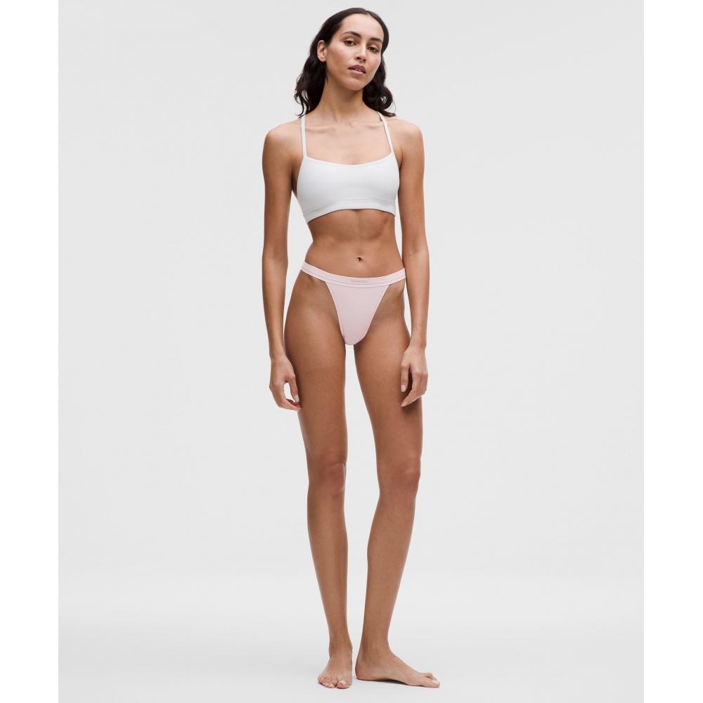 Lululemon Эластичные Хлопковые Ребристые Логотип Высокая Талия Стринги Нижнее Белье Фарфоровый Розовый