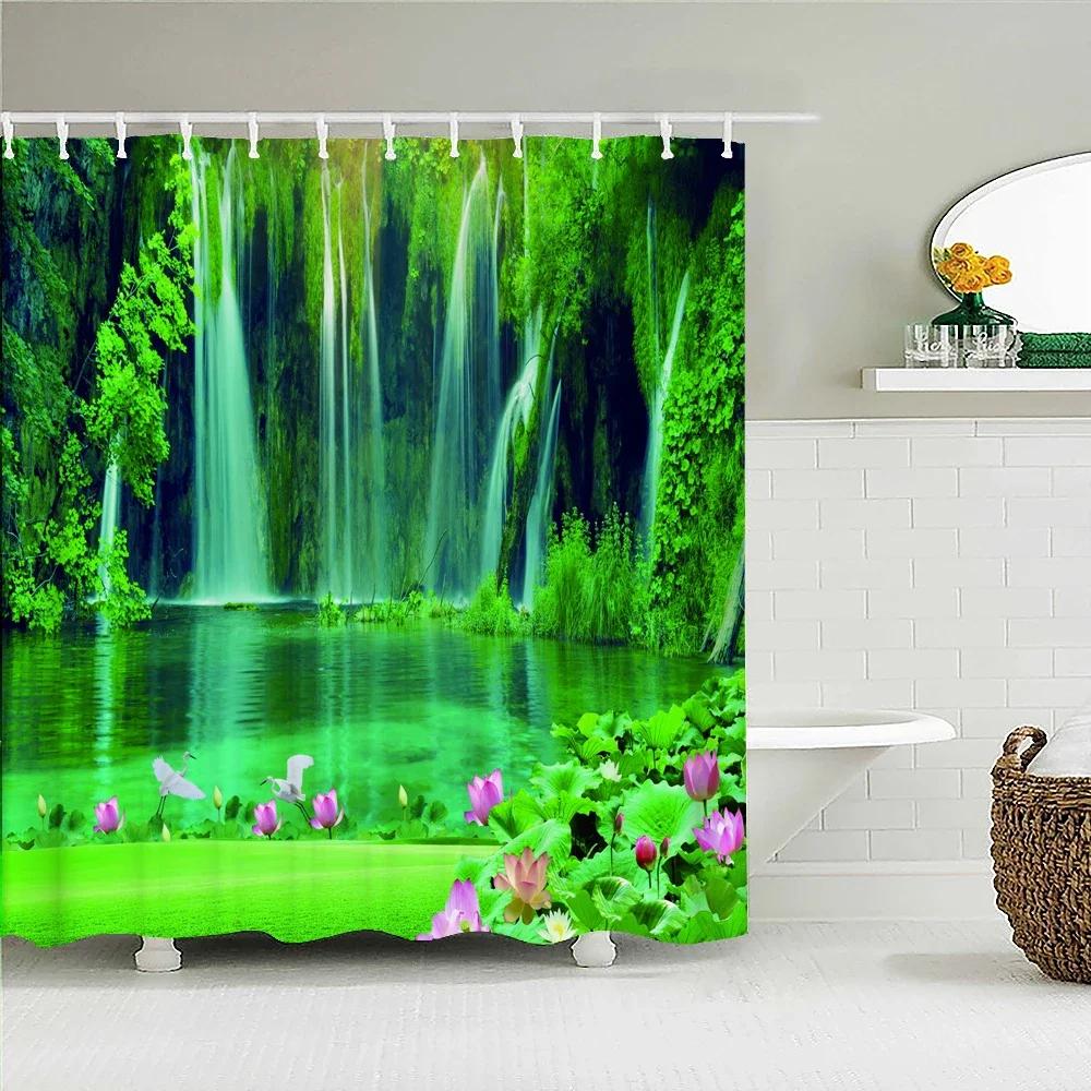 3D Natural Landscape Waterfall Forest Printed Bathroom Shower Curtain Polyester Waterproof Curtain With Hook Home Decor Curtain
