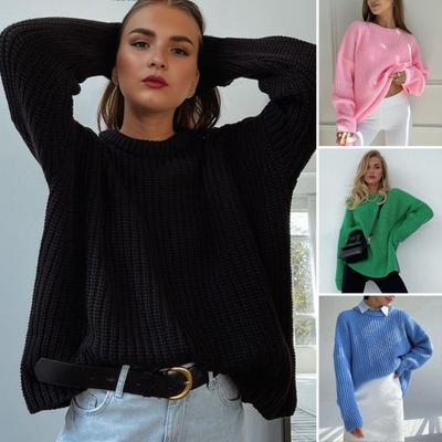 Женский пуловер с круглым вырезом, длинным рукавом, из эластичной ткани, вязаный топ, однотонный