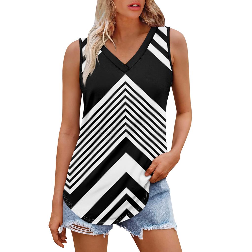 Женская майка с V-образным вырезом и принтом, повседневная майка, свободный крой, топы без рукавов, струящиеся