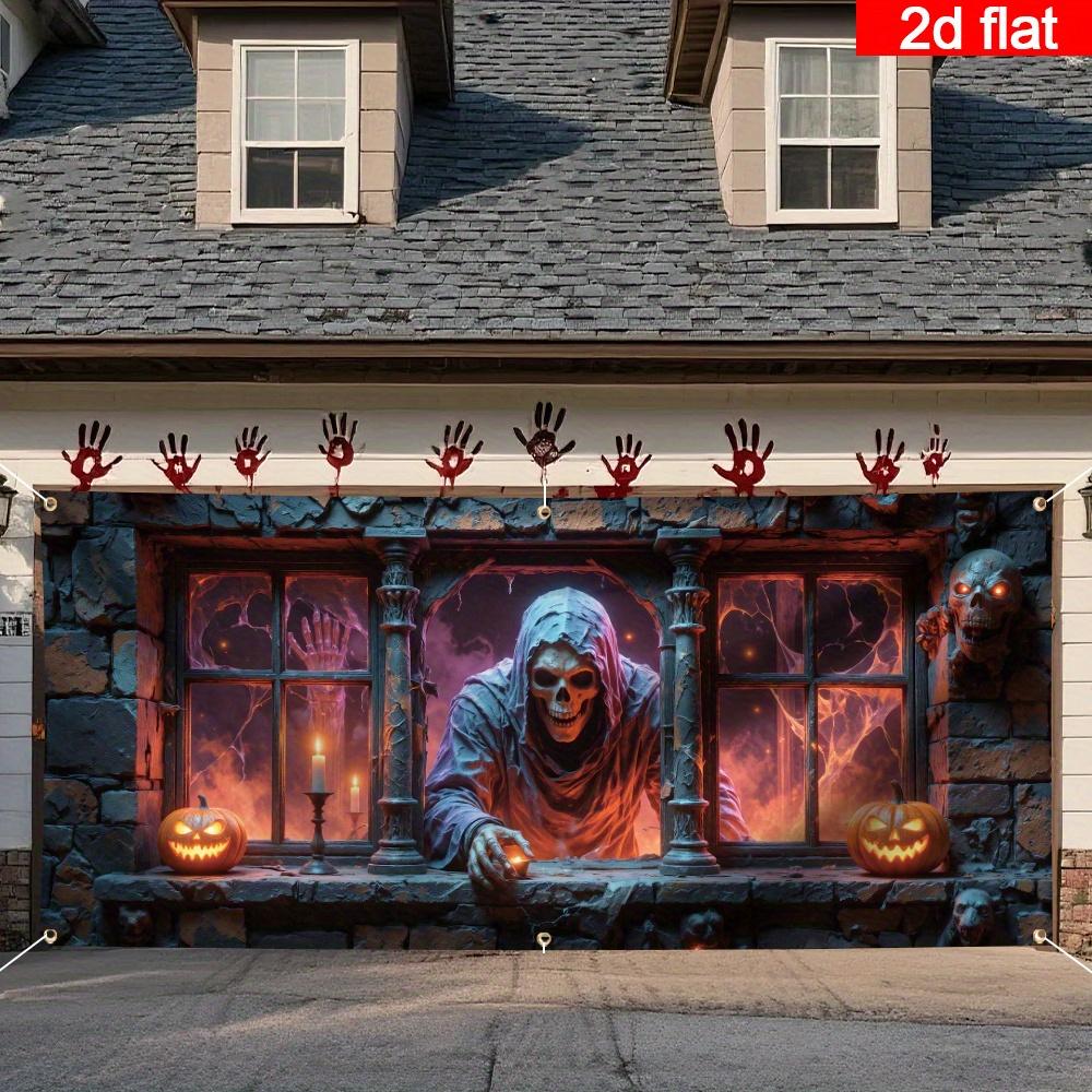 2D flat banner 1PC Large Halloween garage door banner - ghostly window scenes with glowing pumpkins and skeletons