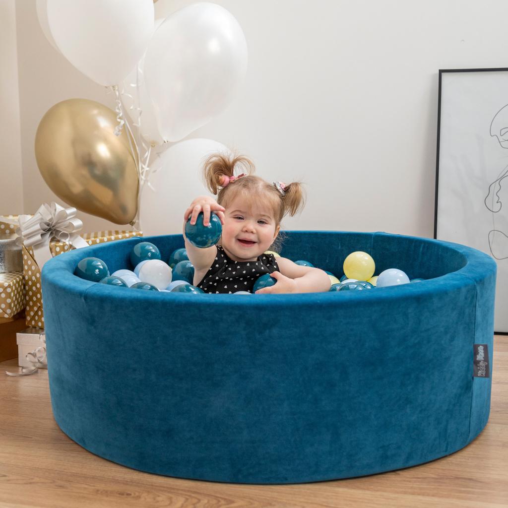 Kiddymoon plastikowe piłeczki 7cm ciemny turkus-pastelowy beż-zielonoszary-łososiowy 100 zabawka zestaw kulek