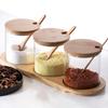 Kitchen Glass Condiment Jar Set Wood Lid with Tray Spoon Clear Seasoning Spice Salt Jar Dust-Proof Coffee Beans Organizer Bottle