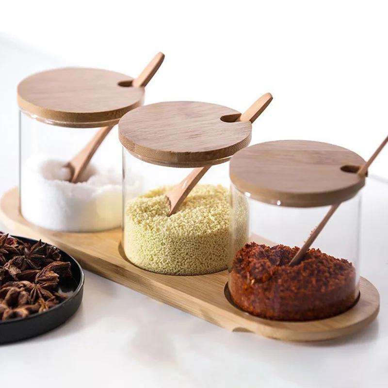 Kitchen Glass Condiment Jar Set Wood Lid with Tray Spoon Clear Seasoning Spice Salt Jar Dust-Proof Coffee Beans Organizer Bottle