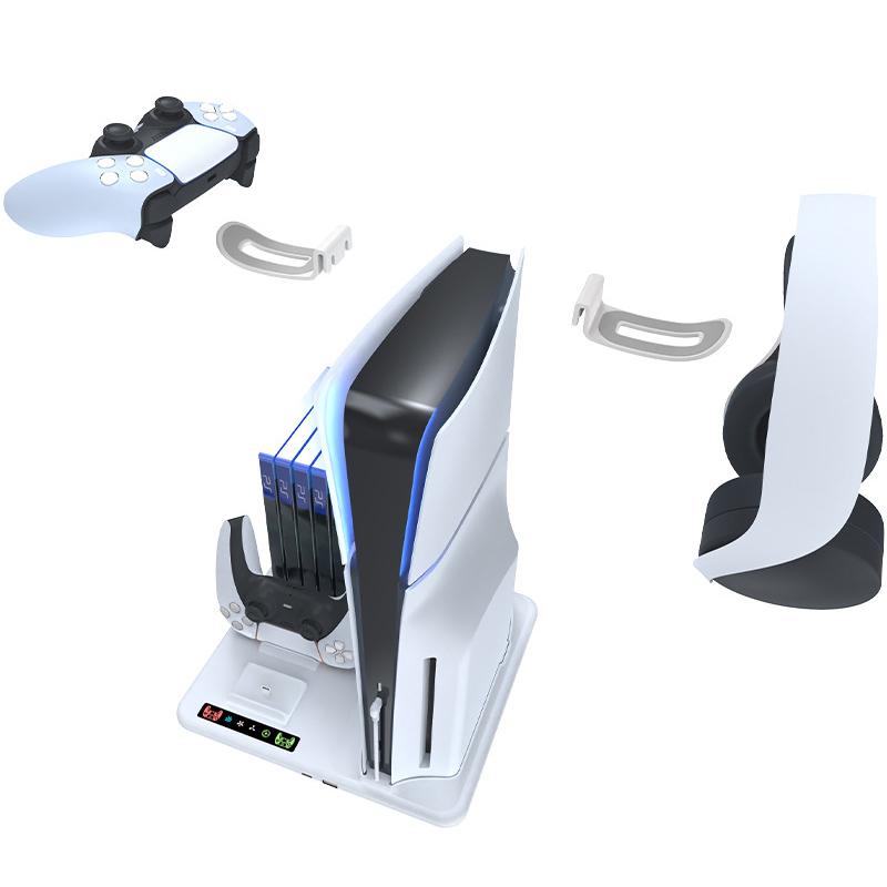 VAORLO Многофункциональная база для отвода тепла для PS5 Slim с двойной зарядкой контроллеров, хранилищем для дисков и подставкой для наушников