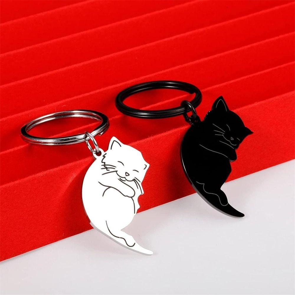 Stainless Steel Couple Keychain Hug Cat Lovers Keyring Matching Cat Key Ring  Valentine's Day Gift