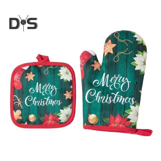 1 Set Baking Glove Cartoon Pattern Christmas Glove Heat-resistant Oven Glove with Mat for Home Kitchen