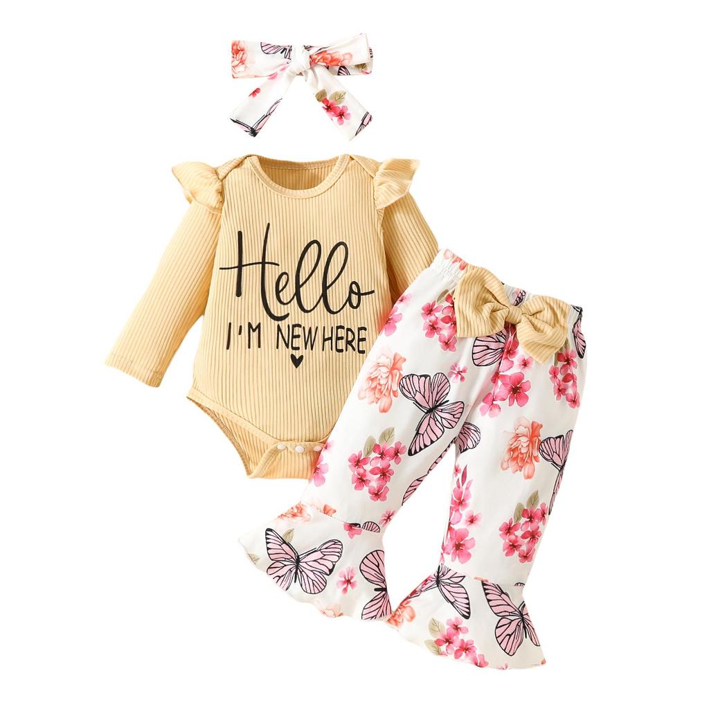 Baby Girls 3Pcs Outfits Long Sleeve Letter Print Romper + Butterfly Flare Pants + Headband Set Infant Clothes