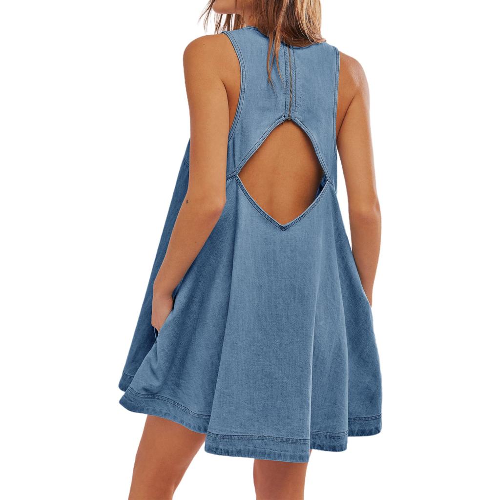 Backless Dress 2026 Denim Dress Women's Summer New Casual Sleeveless Halter Short Skirt A-line Skirt