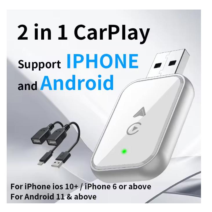 Беспроводной адаптер CarPlay 2025 для iPhone, 2-в-1 Проводной к Беспроводному CarPlay, беспроводной адаптер apple carplay с USB-C/Type-C android auto