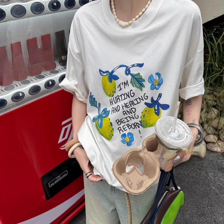 2025 Summer Pure Cotton Casual Oversized T Shirt Women's Streetwear Harajuku Large Size Funny Cartoon Print Short Sleeve T-shirts for Women Y2k Tops