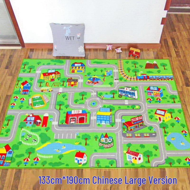 Children's City Road Play Mat - Machine Washable Traffic Game Rug for Crawling