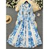 French Dress 2025 New Arrival Fashion Elegance Retro Lapels Long Sleeves Waist-Tight Lace Patchwork Printed Long Dress