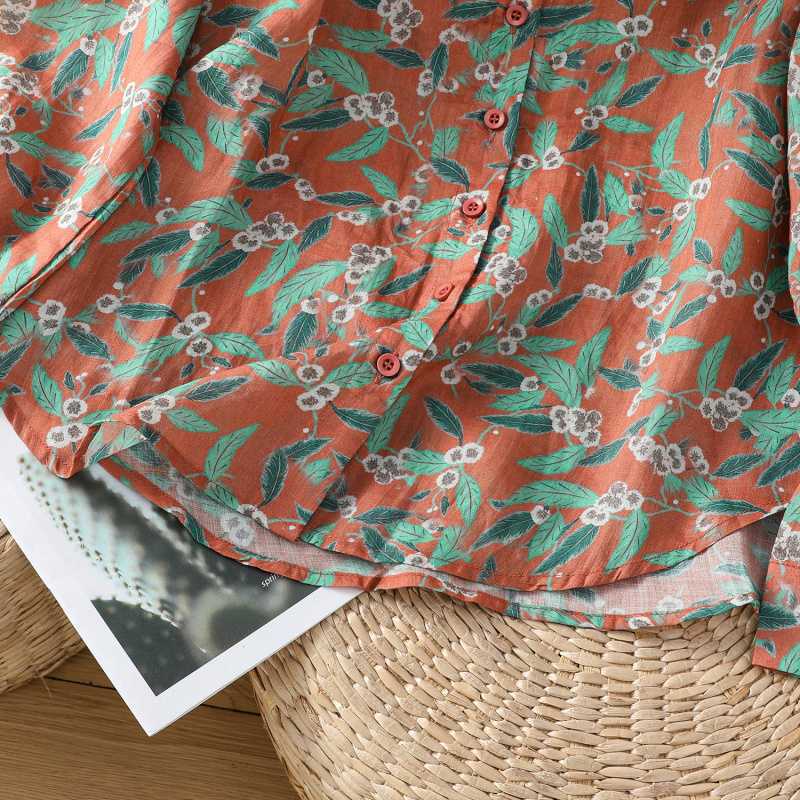 Рубашка в стиле минимализма с цветочным принтом и длинными рукавами из хлопка и льна, стильный универсальный свободный топ для женщин на весну и осень