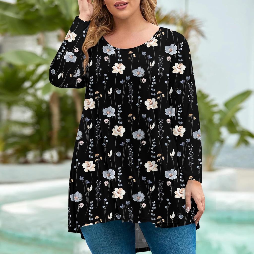 Женская мода большого размера с круглым вырезом и длинным рукавом, повседневный свободный пуловер с принтом