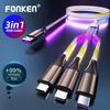 FONKEN 3 в 1, 6A, 66 Вт, кабель для быстрой зарядки USB-Type-C, Micro USB, зарядный кабель Lightning, RGB, цветной светящийся шнур QData