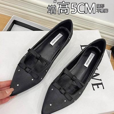 Туфли Мэри Джейн со стразами для женщин, весна 2025, новая внутренняя высота, мягкая подошва, бант, универсальные, легкие, одинарные туфли для женщин