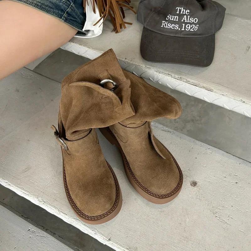 Fashion Retro Style Women Motorcycle Boots Fashion Metal Buckle Platform Heel Short Booties Winter Comfort Women's Footwear