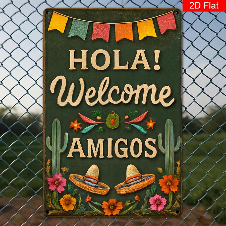 Mexican Wall Art Hola Amigos Sign Cactus Sombrero Metal Decor Vintage Home Cafe Easy to Hang