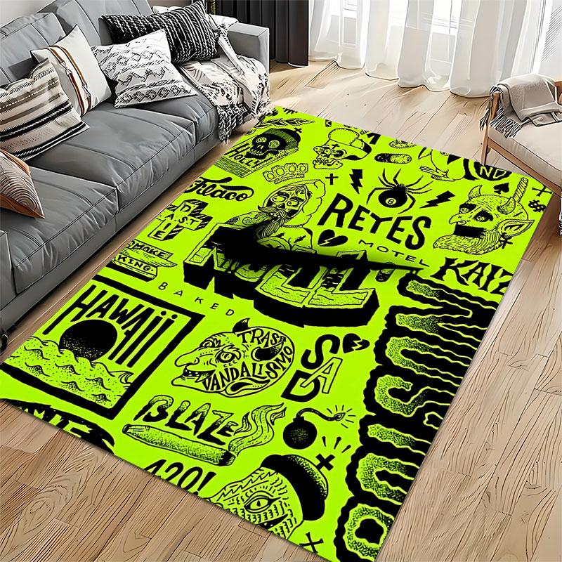 Green Cartoon Punk Art Carpet suitable as a non-slip mat for the living room or bedroom sofa