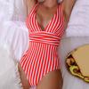 Женский монокини с глубоким V-образным вырезом без рукавов, облегающий слитный купальник-бикини с полосатым принтом и высокой талией, утягивающий живот