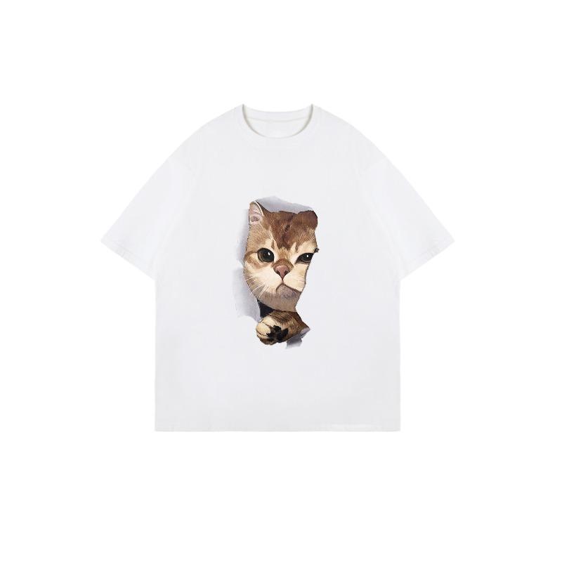 Oversized T Shirt Black Cat Face Print And Paw Design Casual Wear For Women