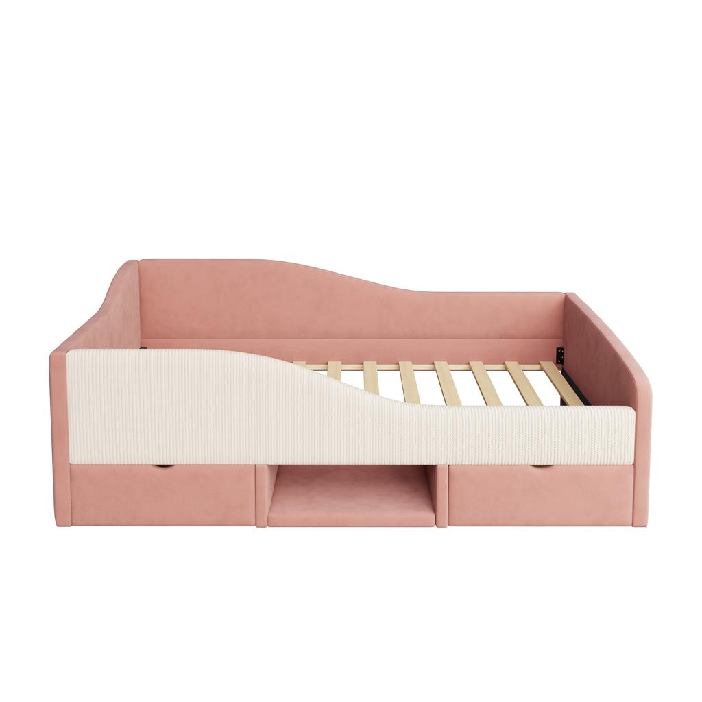 Upholstered Bed Sofa Bed,90*190cm,Multifunctional Bed,With Two Drawers and Guardrails,Skin-Friendly Velvet Fabric,without Mattress,Pink+Cream White