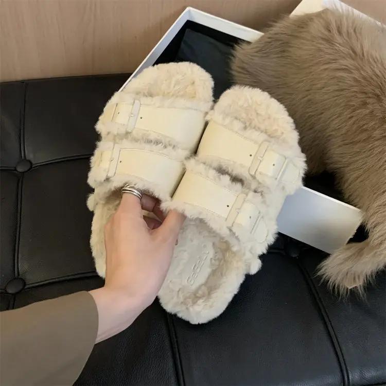 Женские тапочки, уличные шлепанцы, флок, платформа, меховые шлепанцы, 2024, плоская плюшевая осенняя ткань, римская обувь, домашняя обувь Med