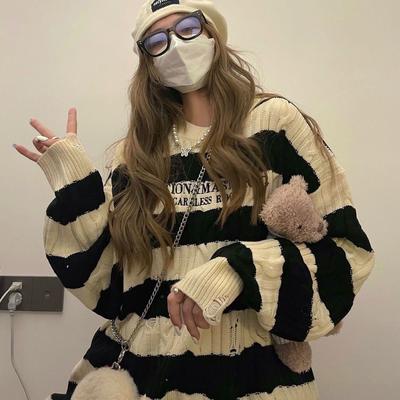 Винтажный полосатый вязаный свитер женский Harajuku Ретро джемпер с вышивкой букв модные свободные повседневные открытые топы Y2K