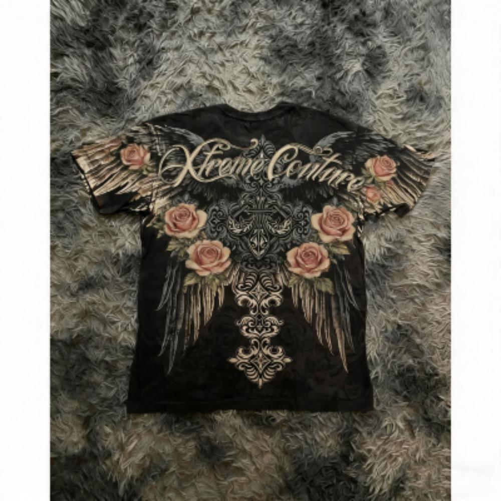 Summer Men's T-shirt Gothic Rose Cross Wing Print Tees Round Neck T-shirt Outdoor Street Style Top Casual Women's Clothing