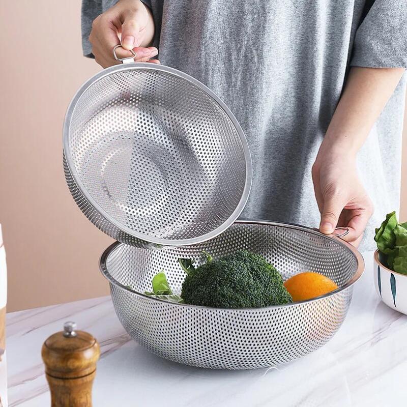 Stainless Steel Drain Basket Colander Fruit Rice Vegetable Washing Basket Strainer Drainer with Handle Kitchen Storage Tools