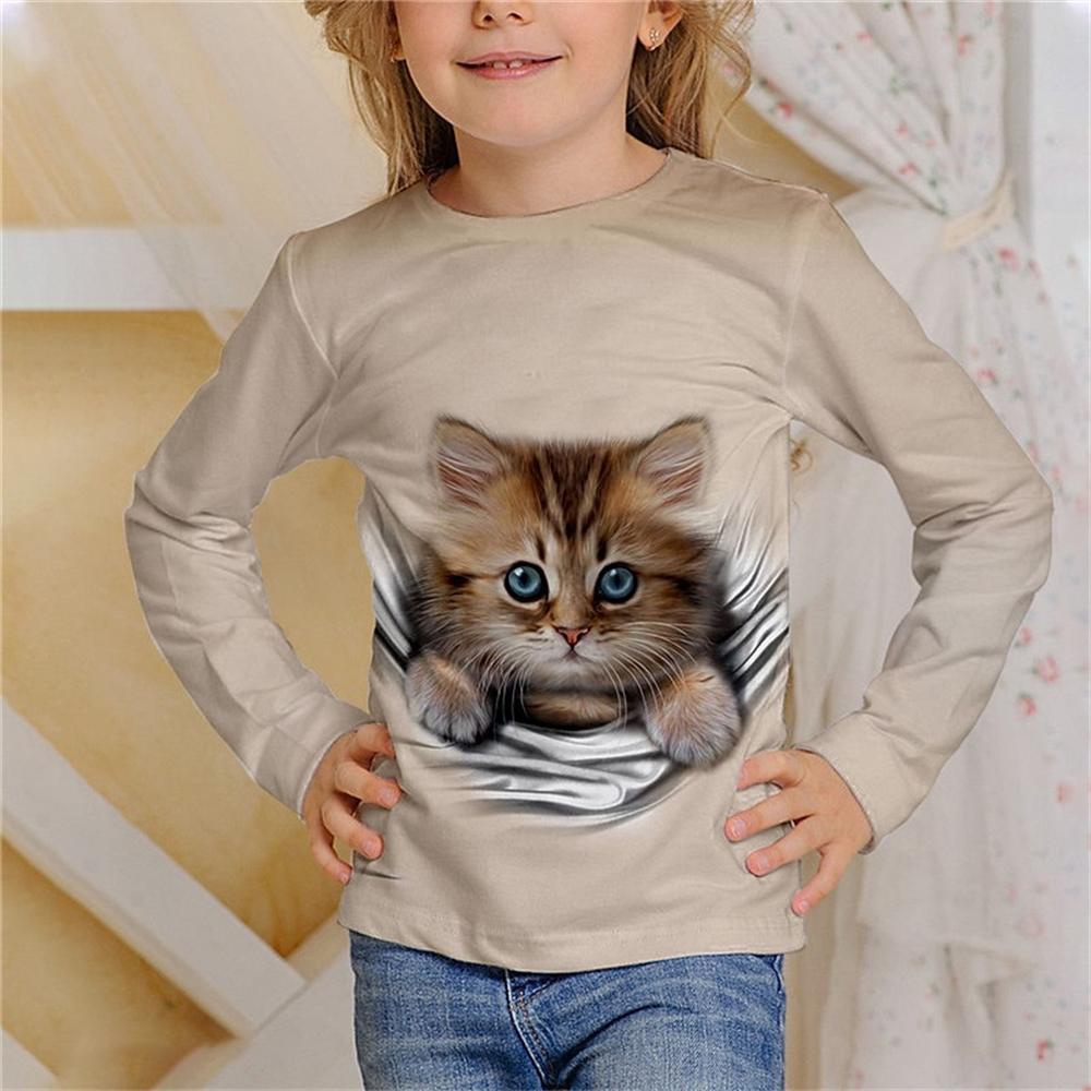 Girl Clothes Casual 3D Cat Graphic T Shirts Long Sleeve Tshirts Round Neck White T-Shirt Fashion Tops Outdoor Clothing for Girls