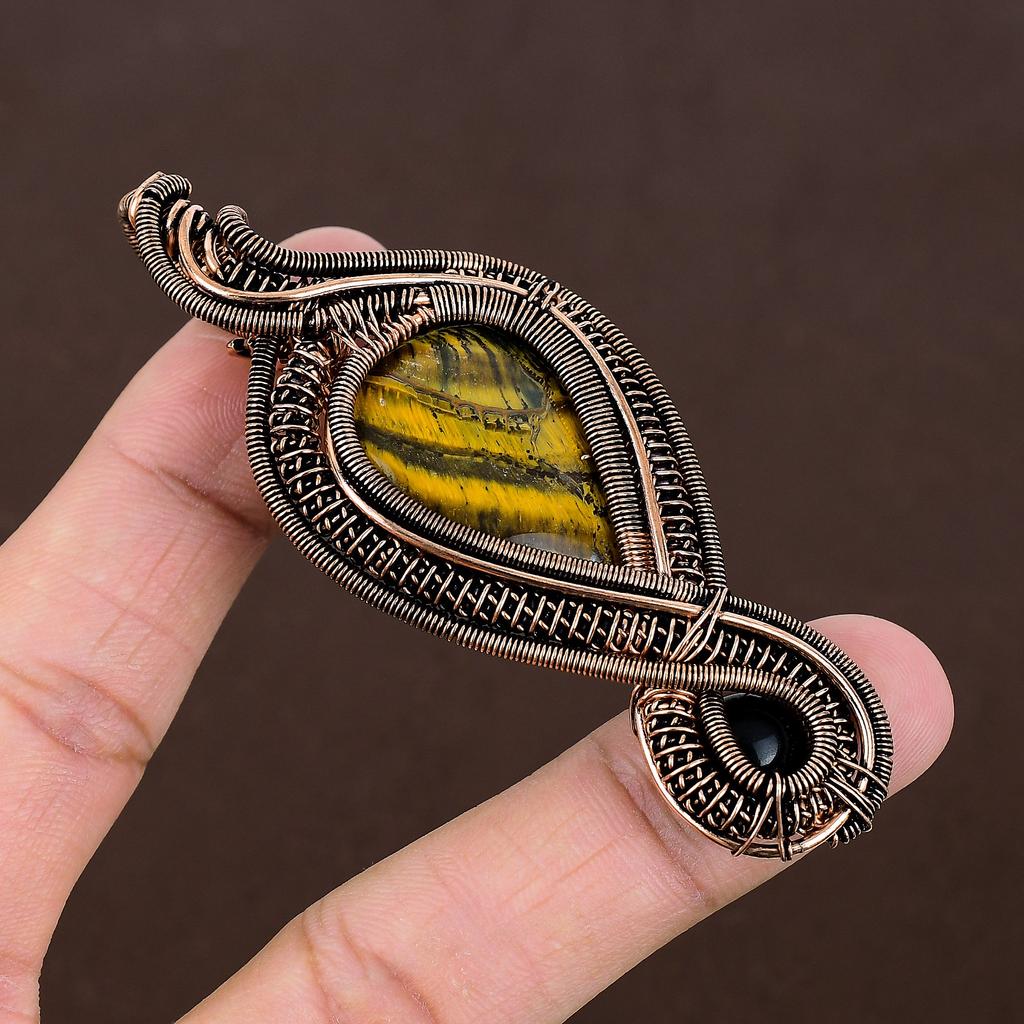 Подвеска ручной работы из медной проволоки, натуральный тигровый глаз, черный оникс, 3,35 дюйма h5g76