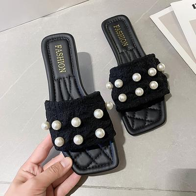 Мода Модные летние пляжные сандалии Обувь Сандалии с жемчугом Тонкий ремень Римские плоские женские шлепанцы Повседневные плоские тапочки Женские сандалии